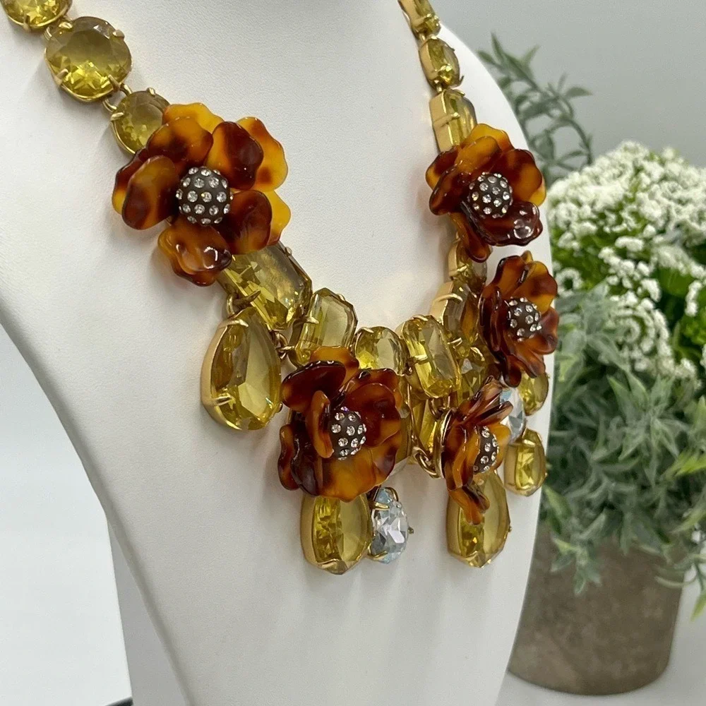 J. Crew Tortoise Shell Flower Asymmetrical Pave Yellow‎ Rhinestone Bib Necklace